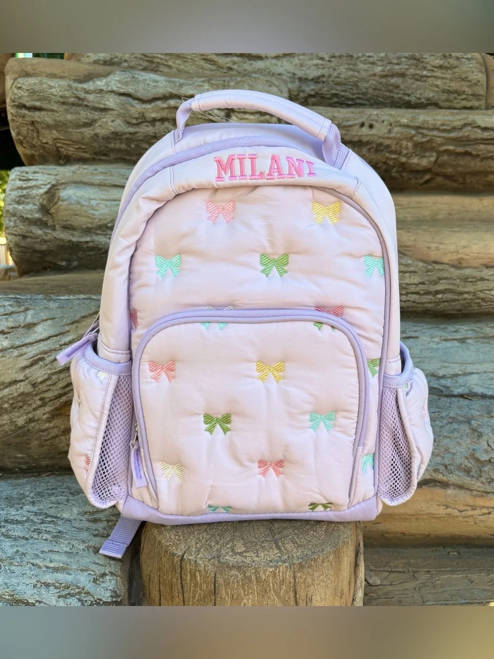 New Pottery Barn Mackenzie Puffer Lavender Bows Backpack Size Small